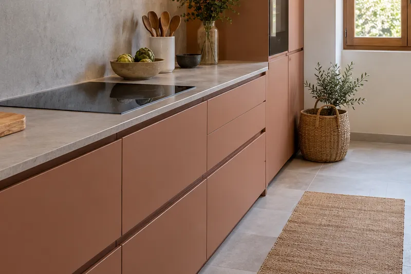 Visualización conceptual IA de cocina: Cocinas de Óscar Vidal. Detalle de materiales y distribución.