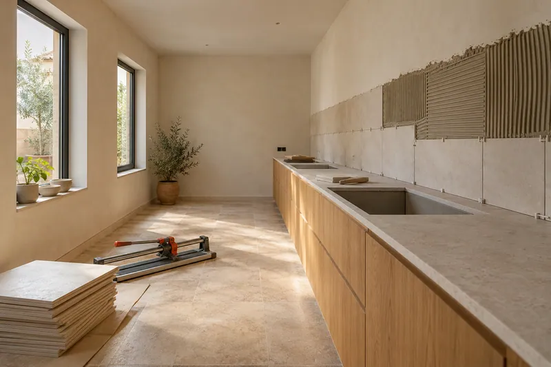 Visualización conceptual IA: Colocación de azulejos con separadores y adhesivo sobre una pared de cocina.