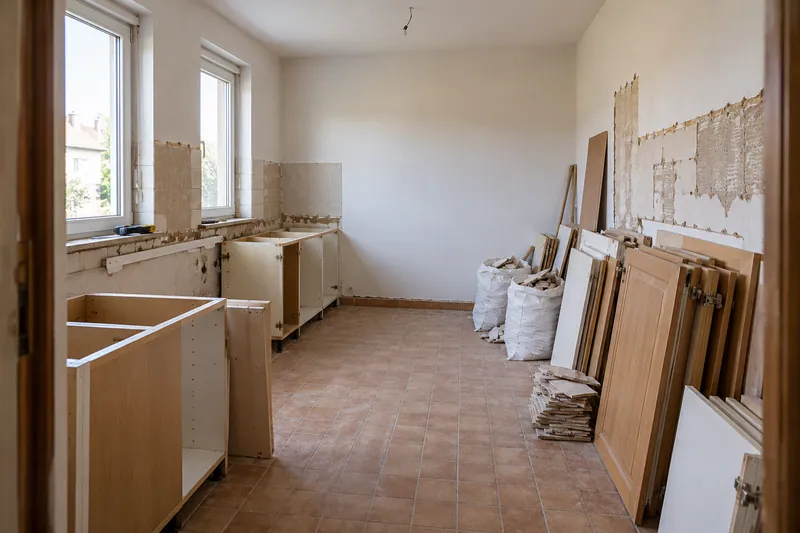 Visualización conceptual IA: Retirada de muebles y revestimientos al comienzo de una reforma de cocina.