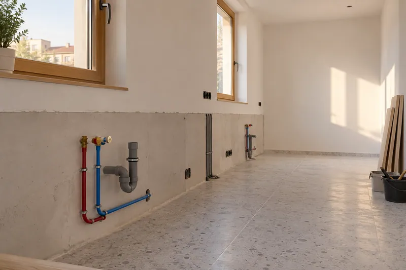 Visualización conceptual IA: Tuberías de suministro y desagüe durante la renovación de una cocina.