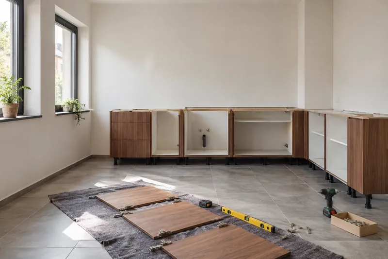 Visualización conceptual IA: Módulos de cocina en montaje con puertas pendientes de colocar.