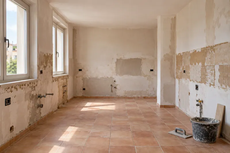 Visualización conceptual IA: Cocina sin muebles con paredes en preparación y zonas de enlucido.