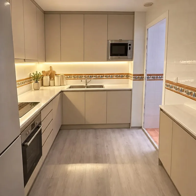 Cocina con muebles claros y encimera en L, publicada por @reformasdecocina